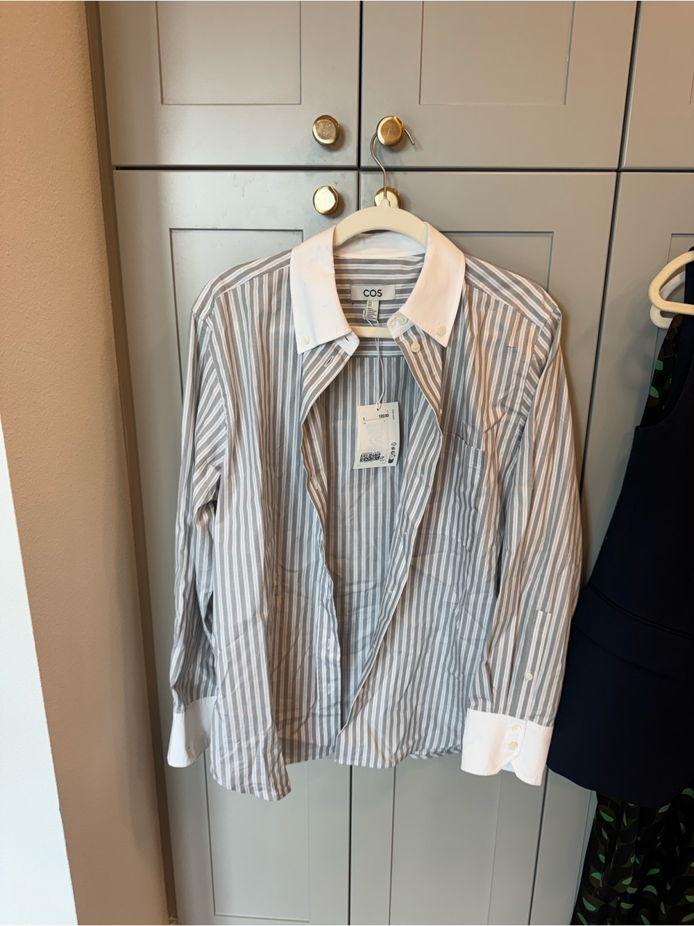 COS Stripe Button-Down Shirt in Light Gray and White